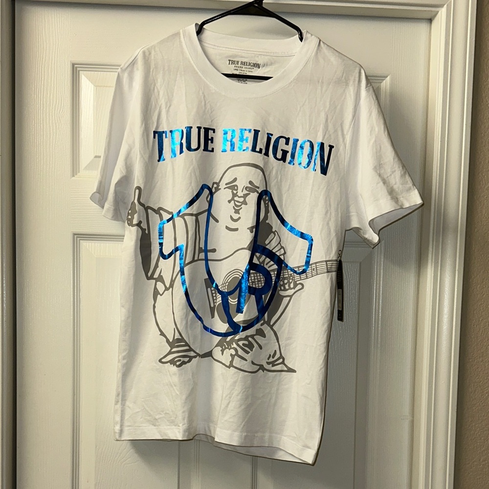 True Religion White and Blue Graphic Tee
